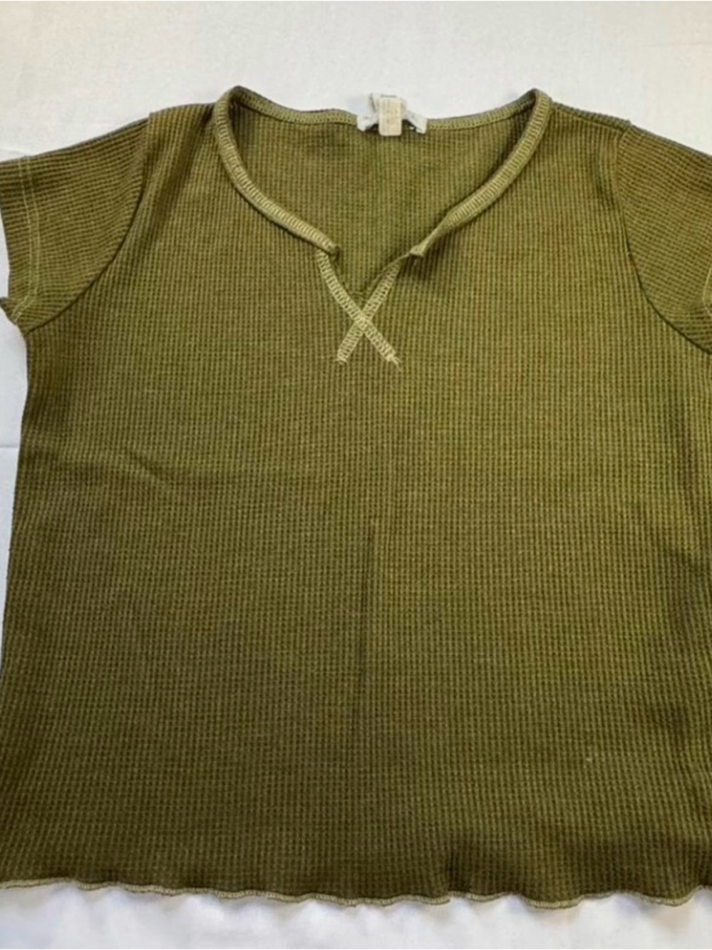 Waffle-Knit Short Sleeve Top in Olive Green
